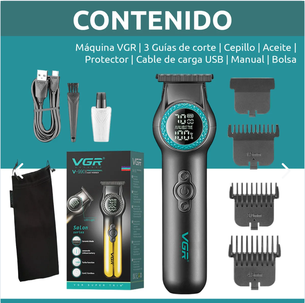 Trimmer Profesional VGR V-990 con Luz LED y Motor Turbo 8000 RPM